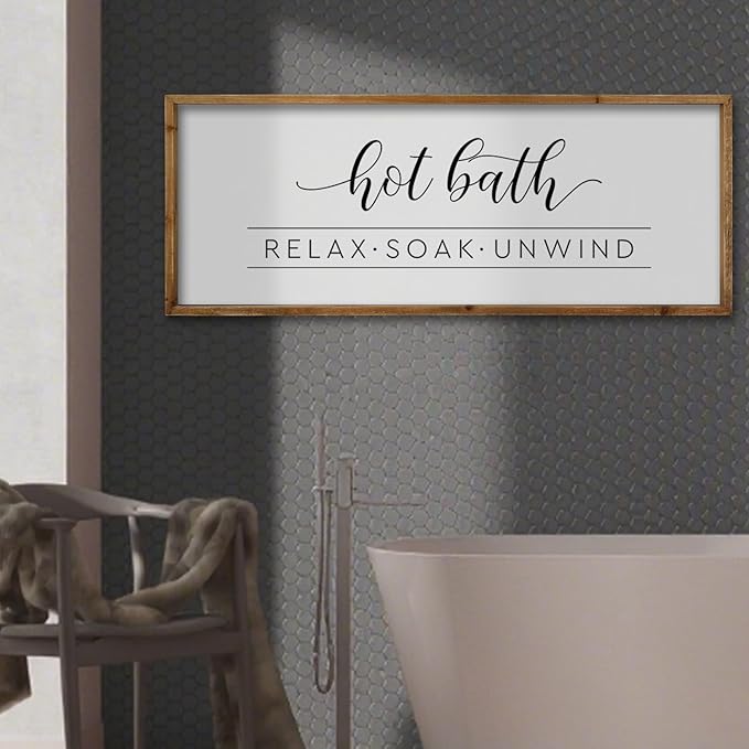 ZZJJHYWGQ Hot Bath Relax Soak Unwind Sign Bathroom Wall Decor 32"×12" Farmhouse Rustic Funny Bathroom Vintage Restroom Guest Large Wooden Framed Washroom Hanging Art (Wood)