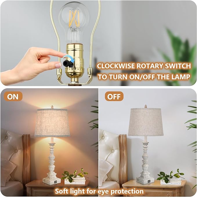 Set of 2 Farmhouse Table Lamps, 27.5'' Tall Rustic Bedside Lamps with 2 USB Ports, Beige Fabric Shade Nightstand Lamp, White Resin Desk Lamp with Rotary Switch for Living Room, Bedroom, Office