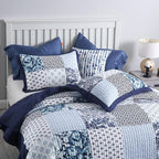 ENASAL Cotton Bedspread Quilt Sets Reversible Bedding Coverlet Sets Luxury Floral White Blue Real Patchwork Bedspread, King Size