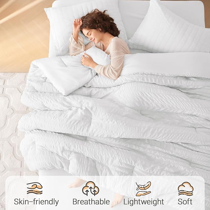 MUXHOMO 7 Pieces California King Comforter Set, Seersucker Bed in a Bag Cal King Size, All Season Luxury Bedding Set with Comforter, Flat Sheet, Fitted Sheet, Pillowcases & Shams, White