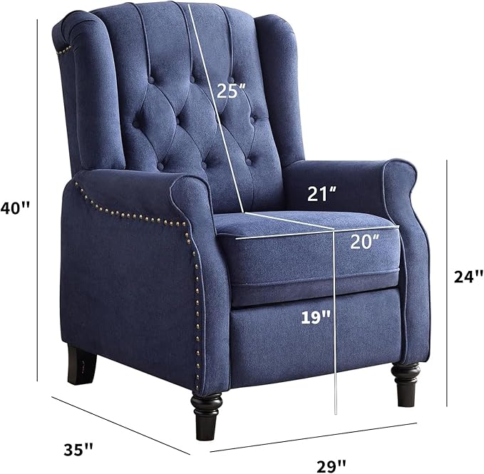 CANMOV Push Back Recliner Chair,Accent Chair, Mid Century Wingback Recliner, Fabric Push Back Recliner Chair Single Armchair Sofa with Rivet Decoration, Button-Tufted Back for Living Room,Dark Blue