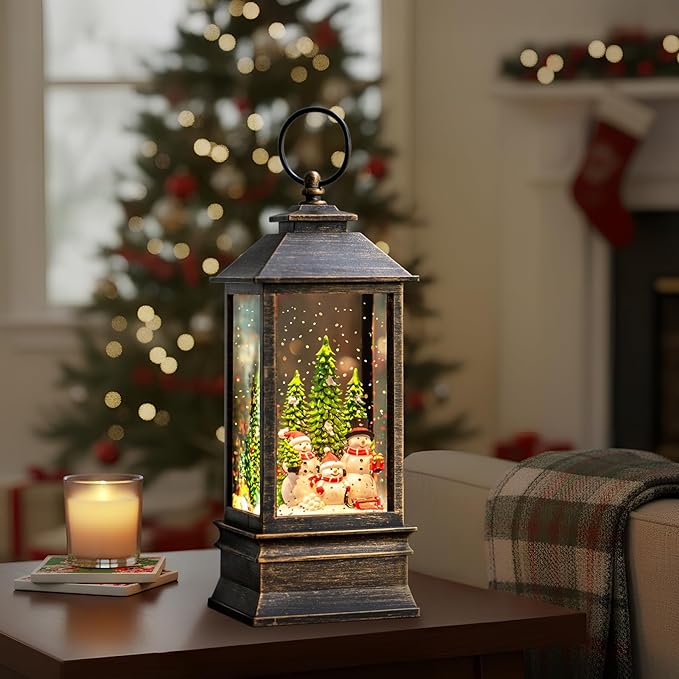 10'' Musical Snow Globe Lantern Lighted Snowman Family Water Lantern Swirling Glittering Home Decoration and Gift, Battery Operated or USB Powered