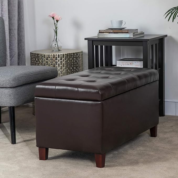 Asense Storage Ottoman Bench, Faux Leather Upholstered End of Bed Bench with Safety Hinge Wooden Legs, for Entryway Bedroom (Chocolate Brown, 33.3")