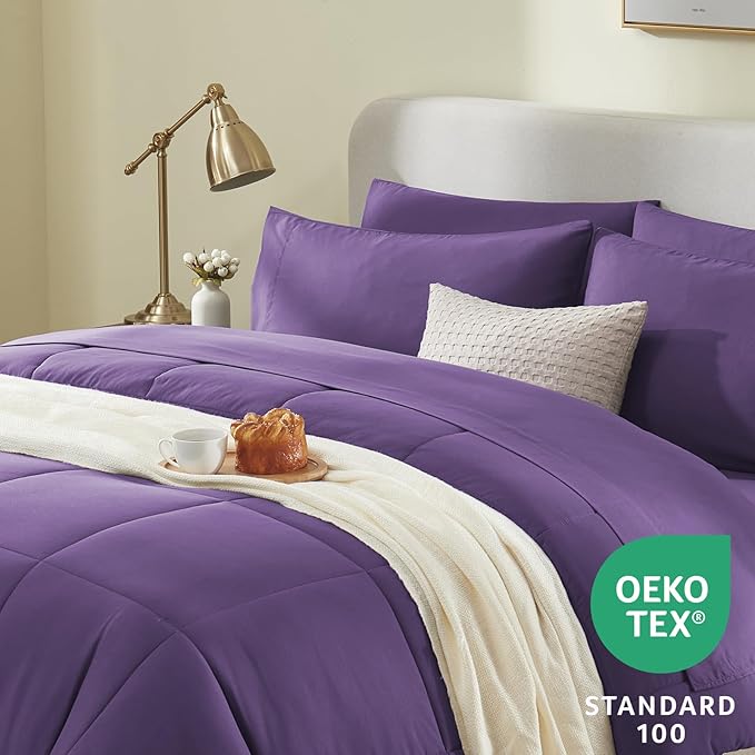 CozyLux Full Size Comforter Sets Purple, 7 Pieces Bed in a Bag, Purple Comforter Full Size, All Season Bedding Sets with Stitch Quilted Comforter, Flat Sheet, Fitted Sheet, Pillowcases