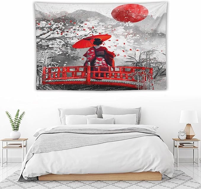 Japanese Red Geisha Tapestry Asian Cherry Blossom Red Sun Traditional Kimono Folk Tapestries Home Decor for Living Room Bedroom Apartment Farmhouse Dorm 90"x60"