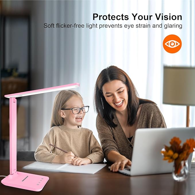 White crown LED Desk Lamp Dimmable Table Lamp Reading Lamp with USB Charging Port, 5 Lighting Modes, Sensitive Control, 30/60 Minutes Timer (Pink, First-Generation)