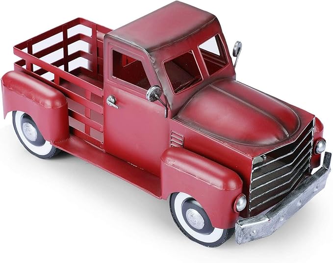 Metal Truck Decor,Farmhouse Truck Decor,Decorative Tabletop Storage & Pick-up Metal Truck Planter, 12.5" x 5.75" x 6.25" inches (Red)