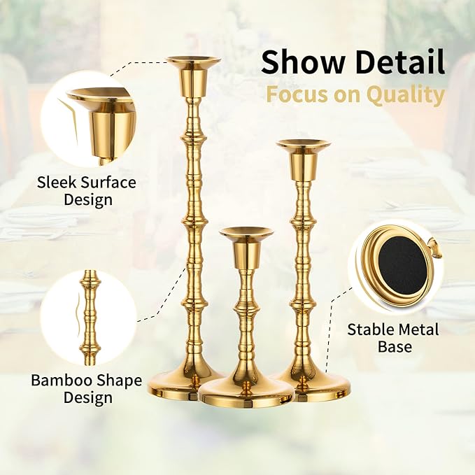 Nuptio Brass Candlestick Holders for Centerpiece: Set of 3 Gold Taper Candle Stick Holders for Home Dining Table Fireplace Decor