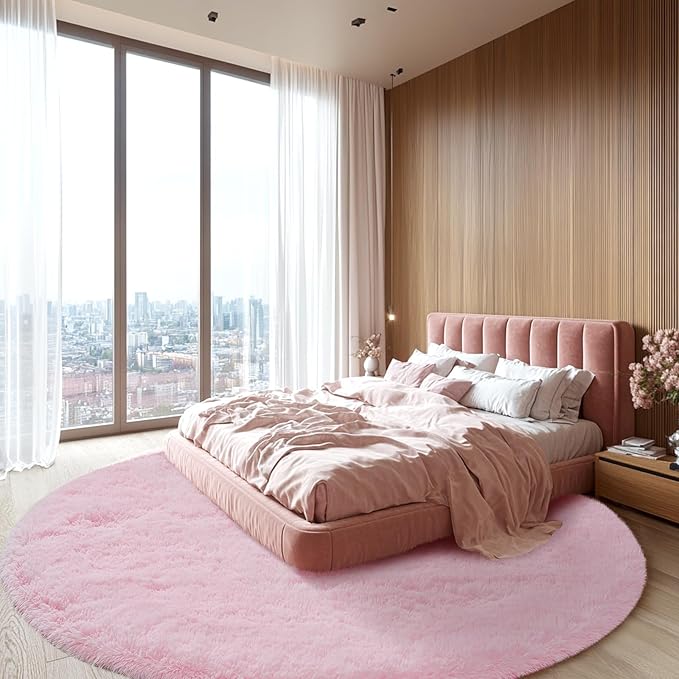 Round Rug 7x7Feet for Living Room: Pink Shag Round Area Rugs for Living Room-7x7Feet Large Ultra Soft Fluffy Carpet for Girls Bedroom- Pink Shaggy Rugs for Bedroom, Nursery Room