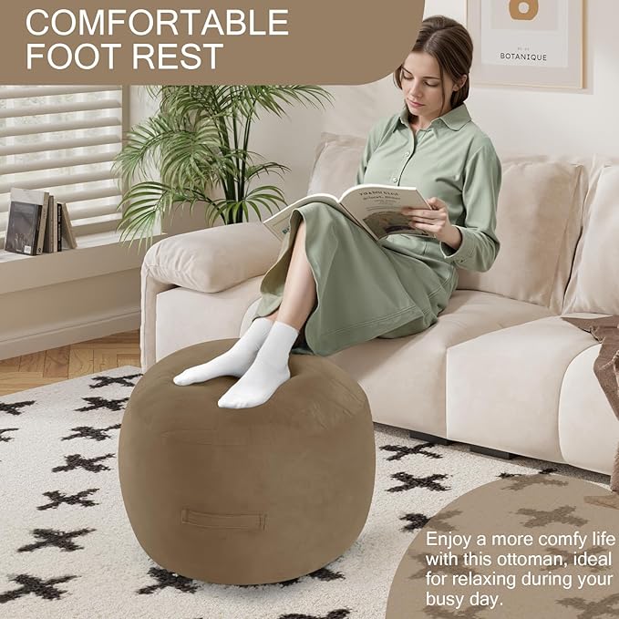 MeMoreCool Round Stuffed Pouf Ottoman Foot Rest, Floor Pouf Foot Stool with Soft Foam Chunk Filling, Small Round Ottoman Footstool Circle Footrest for Living Room, Light Coffee