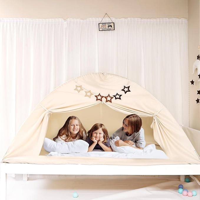 Bed Tent for Kid Twin Size Bed Canopy,Breathable Privacy Space Sleeping Drafty Room Dream Tents Indoor Play Tent Kid Sleep Tent（Beige,Full）
