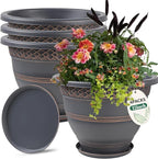 4 Pack 12 Inch Large Plant Pots, Plastic Flower Pot for Indoor & Outdoor with Drainage Holes & Saucer, Plaid Pattern Planters Garden Pots for Herbs Bronze