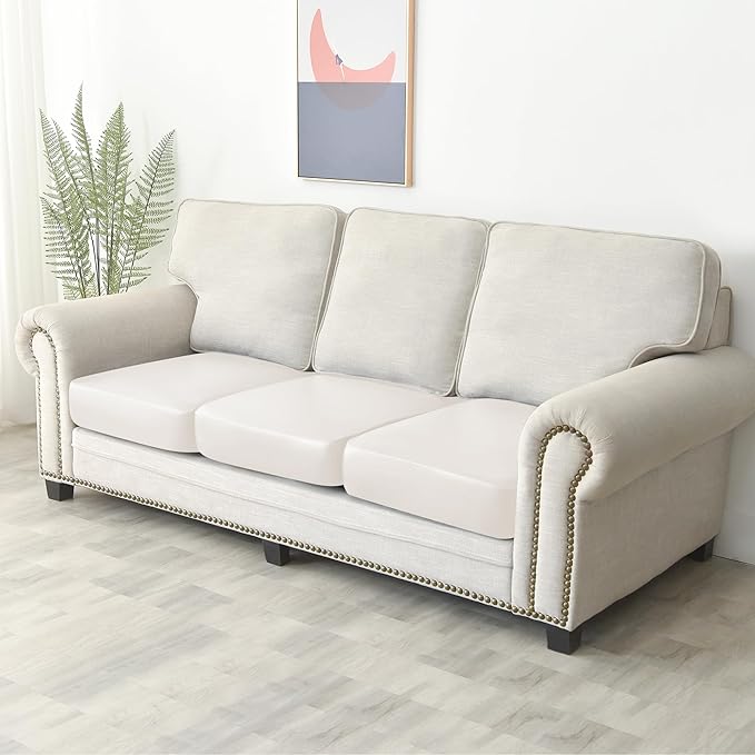 Yates Home PU Leather Couch Sofa Cushion Slipcover Water-Proof Elastic Chair Seat Covers Loveseat Slip Cover for Seater Replacement in Living Room（3 Piece Large Sofa Cushion Covers, Beige