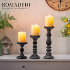 Candle Holder for Pillar Candles: Romadedi Set of 3 Decorative Wood Candlestick Holders, Rustic Wooden Candle Stand for Fireplace Mantle End Table Shelf in Farmhouse Style, Black 6”, 8.3”, 12”