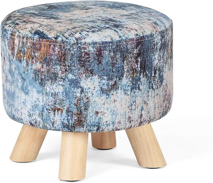 Asense Small Round Ottoman Foot Rest Stool Linen Padded Seat Footstool Ottoman with Anti-Slip Wooden Legs (Assorted Blue,Linen)