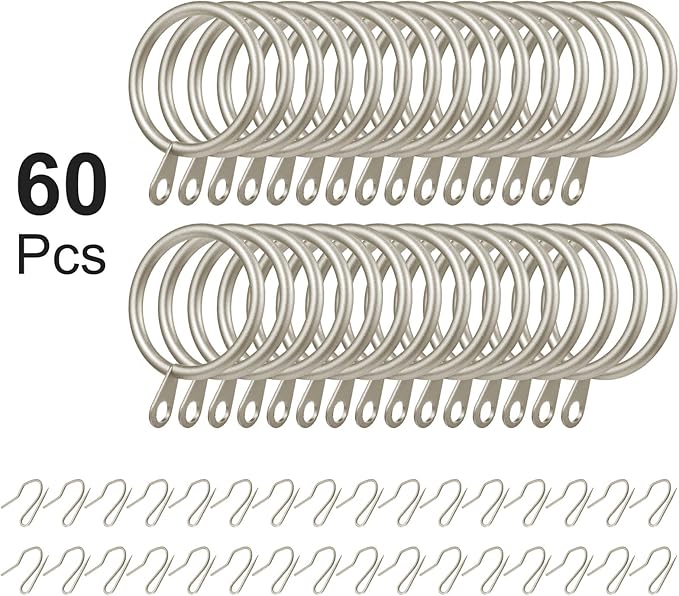 Hotop 30 Pcs Metal Drapery Curtain Rings 0.98/1.26/1.65 inch Interior Diameter and 30 Pcs Hanging Curtain Drapery Pin Hooks for Window Door Shower(32 mm,Champagne Gold)