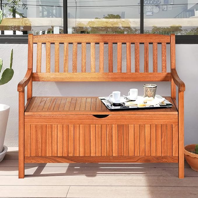 Tangkula Outdoor Wood Storage Bench Deck Box, Entryway Porch Storage Bench with Inner Removable Dust-Proof Lining & Portable Handles, Eucalyptus Wood Loveseat for Garden, Lawn, Balcony & Yard