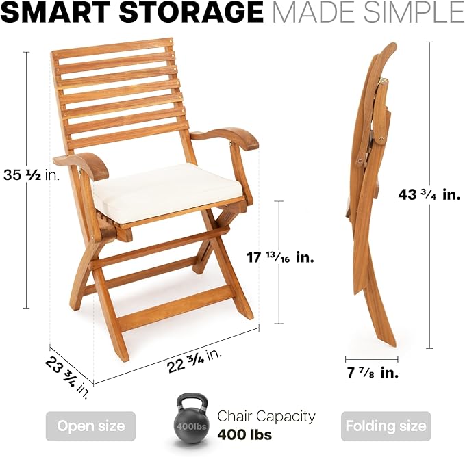 IDZO, Percy Chairs Heavy Duty 400lbs Capacity Set of 2 w/Cushion, FSC Acacia Outdoor Furniture, Teak Finish, Fully Assembled, Wood Folding_Beige