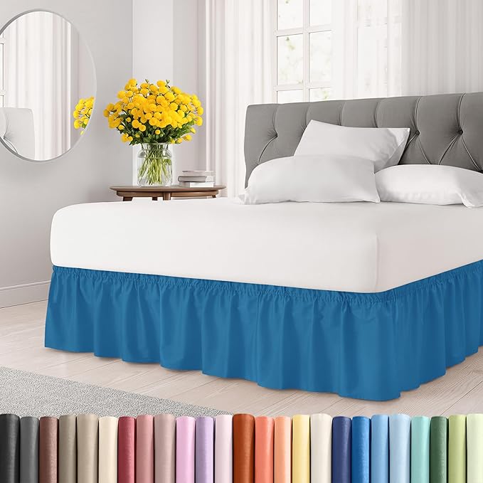 Wrap Around Dust Ruffle Bed Skirt - Denim Blue - for Full Size Beds with 18 Inch Drop - Elastic Strap - Adjustable Pleated Bedskirt with Brushed Fabric and Wrinkle Free - for Women, Men, Kids & Teens
