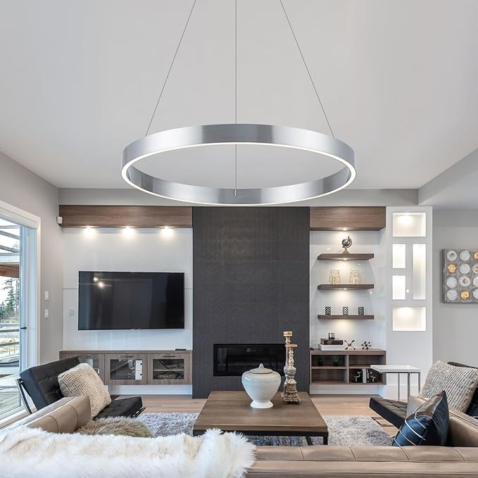 Modern Led Chandelier, 1 Ring Circular Pendant Lights, 23.62" Dining Room Modern Chandelier for Foyer Kitchen Living Room Bedroom Hallway 3000K, Silver Color