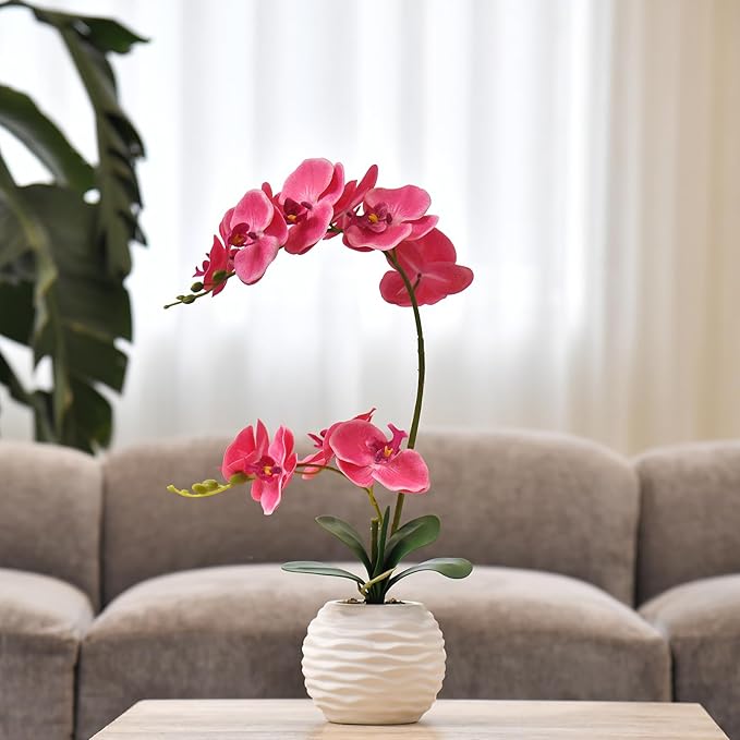 Artificial Potted Orchid Faux Phalaenopsis Silk Flowers Bonsai Realistic Arrangement in Ceramic Vase for Home Decoration Table Centerpiece, Rose Red