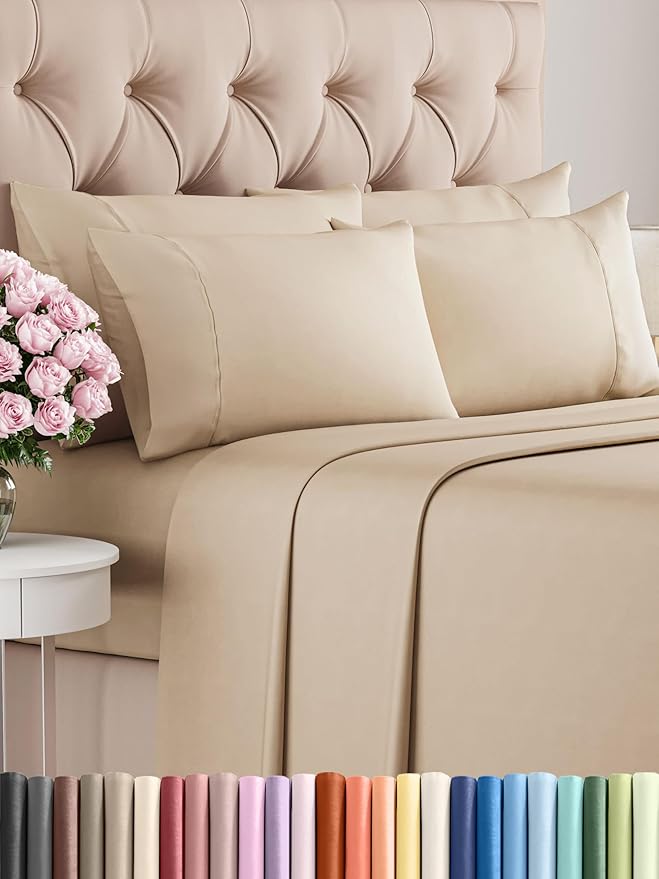 Cal King Sheets Set 6 Piece - Includes 4 Pillowcases - Bed Sheets Cal King Size - Soft Hotel Luxury Bedding - Cooling, Comfy & Breathable - 1 Flat & 1 Fitted & 4 Pillowcases w/ Deep Pockets - Cream