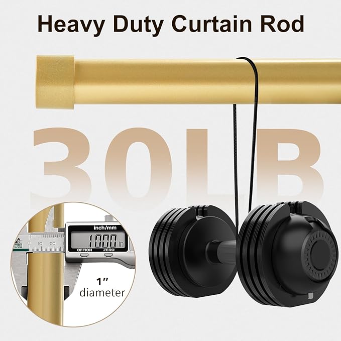 Gold Curtain Rod Adjustable,16-48 Inch Heavy Duty Telescoping 1 Inch Diameter Metal Window Rod Extendable Mounting Brackets Luxurious Gold Finish Home Decor Easy Install Modern Bedroom Living Room