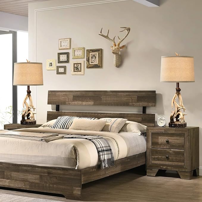 28" Farmhouse Table Lamp for Living Room, Western Rustic Lamp with USB Charging Ports Country Cabin Bedside Antler Lamps for Bedroom Foyer Office Vintage Rotary Control Single Brown- Bulb Not Included