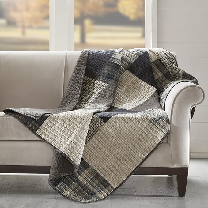 Woolrich Luxury Quilted Throw - Cabin Lifestyle, Patchwork with Moose Design All Season, Lightweight and Breathable Cozy Bedding Layer Throws for Couch Sofa, 50" W x 70" L, Winter Hills Tan