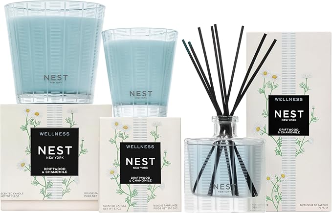 NEST New York Reed Diffuser, Driftwood & Chamomile - 5.9 fl oz - Fragrance for Up to 90 Days - Reusable, Refillable Glass Holder - Includes 8 All-Natural Reed Sticks - Flame Free