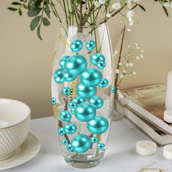 200PCS Lake Blue Faux Pearls Beads for Centerpiece Vases, Vase Filler Faux Pearls, No Holes Filler Beads for Party Anniversary Birthday Wedding Table Decor, 10/14/20/30mm