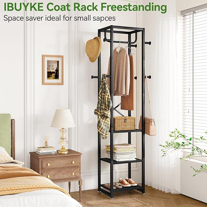 IBUYKE Coat Rack with Shelves, Freestanding Hall Tree with 3 Shelves and 8 Hooks, Industrial Clothes Stand for Entryway, Hallway, Bedroom, Black UTMJ088B