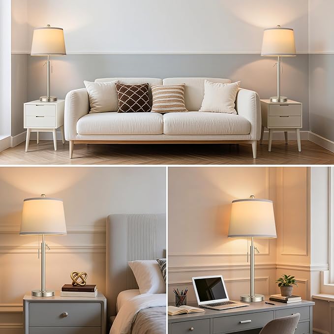 PARTPHONER Bedside Lamps Set of 2, Tall Table Lamps for Living Room, Height Adjustable Nightstand Lamps for Bedroom Office, Modern End Table Lamps with Pull Chain(LED Bulbs Included), Sand Nickel