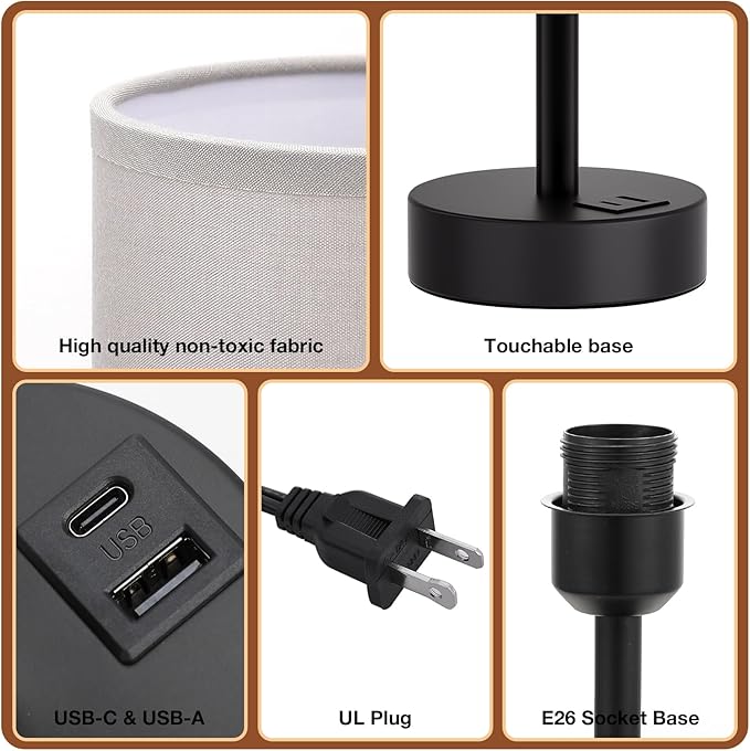 Grey Touch Bedside Lamp with USB - 3 Way Dimmable Table Lamp for Bedroom, Nightstand Lamp with Black Charging Station for Desk Dorm, Office, Boy Kids Room, Small