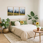 HPINUB Boho Sunflowers Landscape Framed Canvas Wall Art Set,Nature Pine Tree Wall Decor,Abstract Flowers Artwork Rustic Mountain Misty Forest Art Print for Living Room,Bedroom,Office-16 x24 x3