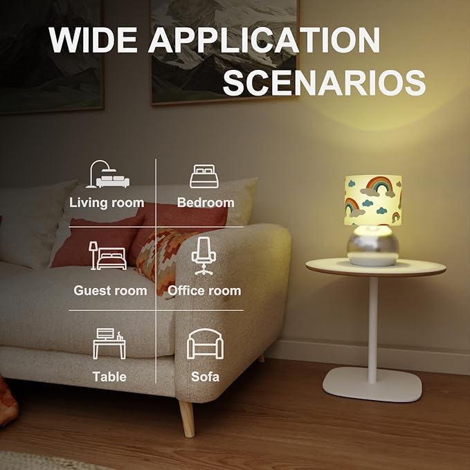 Set of 2 Silver Small Bedside Table Lamps with Rainbow Cloud Pattern Shades (Bulb Included)