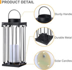 Solar Lantern Decorative Outdoor Set of 2 (18’’ & 15’’) Modern Black Metal Lanterns with Solar Candles, Decorative Candle Lanterns for Outdoor Porch, Patio, Garden, Yard Decor
