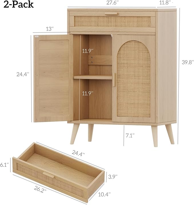 Irontar Rattan Storage Cabinet Set of 2, Buffet Sideboard with Storage, Coffee Bar with Drawer & Doors, Accent Floor Cabinet for Living Room, Dinning Room, Entryway, Natural