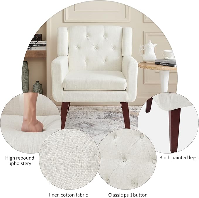 Living&Giving Accent Chair Button-Tufted Upholstered Living Room Chairs Comfy Reading Mid Century Modern with Linen Fabric Lounge Arm for Bedroom (Beige) 29.33D x 28.94W x 34.65H Inch