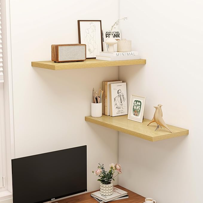 32" Floating Shelves for Wall, 12" Deep Slim Oak Floating Shelves, Wall-Mounted Shelves for Bedroom, Living Room, Kitchen, Bathroom - Set of 2