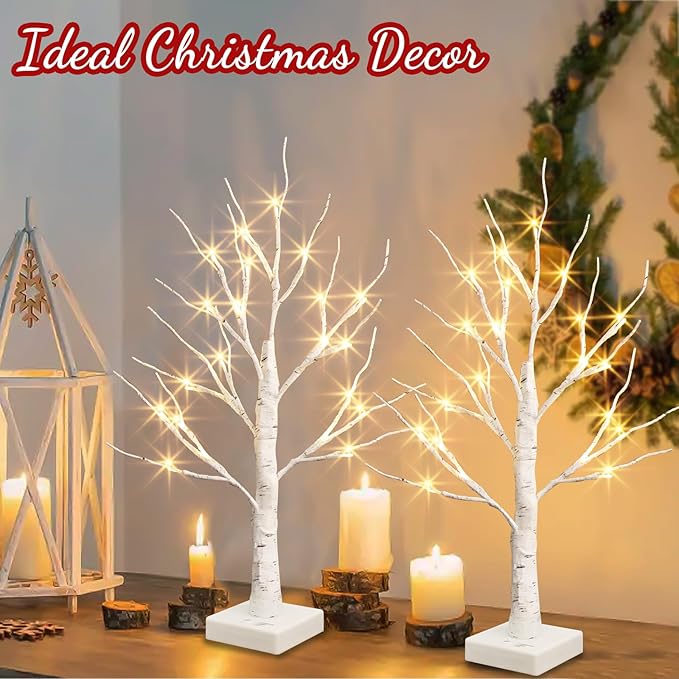 PABIPABI Christmas Decorations 2 Pack Lighted Birch Tree, Artificial Tree with 24 LED Warm White Lights Battery Powered Timer Room Decor, Tabletop Ceterpieces Trees for Home Party Wedding Decor (2FT)