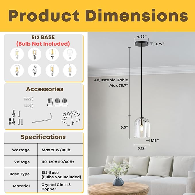 Pendant Light for Kitchen Island, Black Modern Crystal Glass Modern Pendant Lights, Dome Pendant Light in Kitchen Island, E12 Bulb Indoor Island Pendant Lights,for Dining Room,Living Room