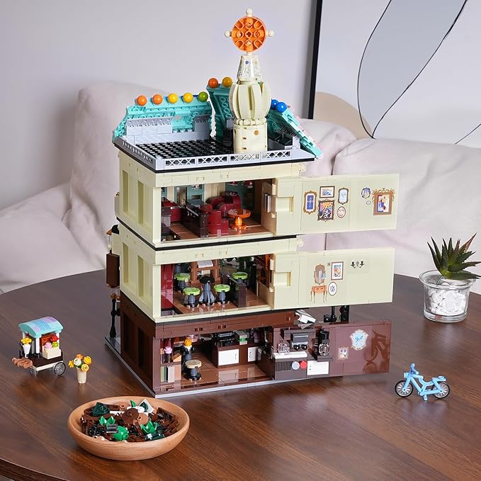 Flower Cafe House Building Set with Lights, 1876 PCS City Street Corner Shop Construction Model, Art Architecture Modular Building Block Kit Home Decor, Gift for Adults Teens Boys Girls 12+