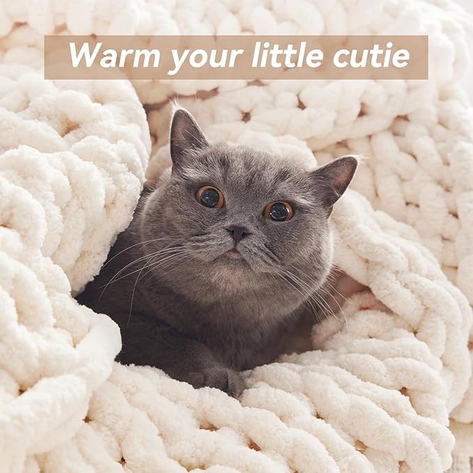 Chunky Knit Throw Blanket, 60''*80'' Knitted Throw Chenille Yarn for Bed Couch, Handmade Cream Crochet Big Thick Blanket, Machine Washable Cute Comfy Blanket for Home Decor