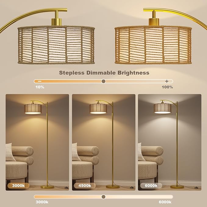 Oneach 62.5'' Gold Arc Floor Lamp for Living Room, Rattan Boho Floor Lamp with Remote and Dimmable Bulb, 3 Color Temperatures, Farmhouse Rustic Modern Standing Lamp for Bedroom Office Corner