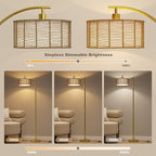 Oneach 62.5'' Gold Arc Floor Lamp for Living Room, Rattan Boho Floor Lamp with Remote and Dimmable Bulb, 3 Color Temperatures, Farmhouse Rustic Modern Standing Lamp for Bedroom Office Corner