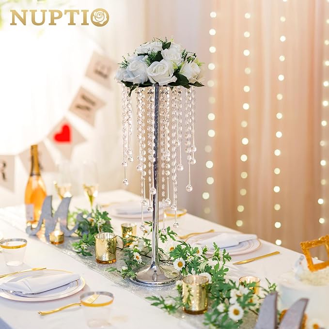 NUPTIO Silver Crystal Wedding Centerpieces - 2 Pcs 21.7in Tall Flower Vases for Party Tables Decorations