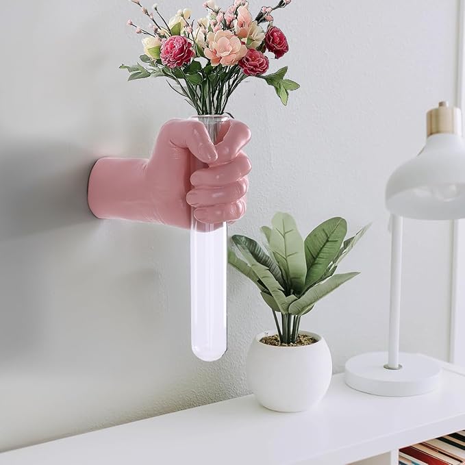 Pink Wall Sculpture,Wall Art Bedoroom,Hand Vase,Funky Flower Vase Decorations,Unique Wall Statue,Home Decor Art