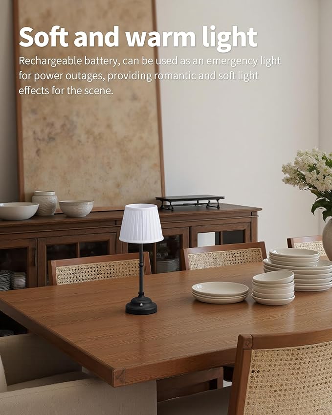 KDG Cordless LED Table Lamp, Portables Fabric Shade Desk Lamps, 4000mAh Rechargeable Battery Powered Lighting, Dimmable Light for Dining Room, Bedroom, Bedside, Night Light, Balcony (Black)