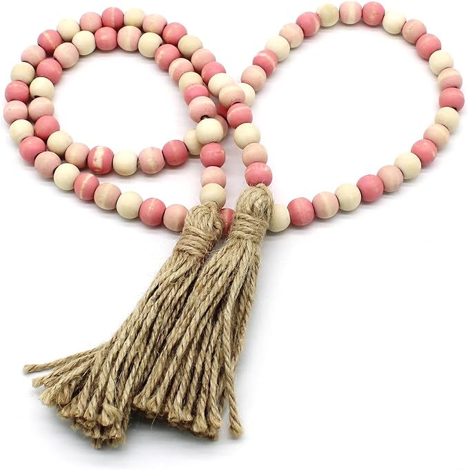 CVHOMEDECO. Wood Beads Garland with Tassels Farmhouse Rustic Wooden Prayer Bead String Wall Hanging Accent for Home Festival Decor. Pink Mix Distressed